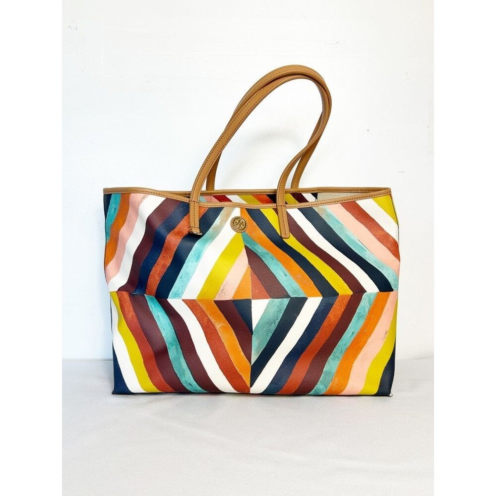 Tory Burch Kerrington Square Striped Large Tote in Diamond Combo